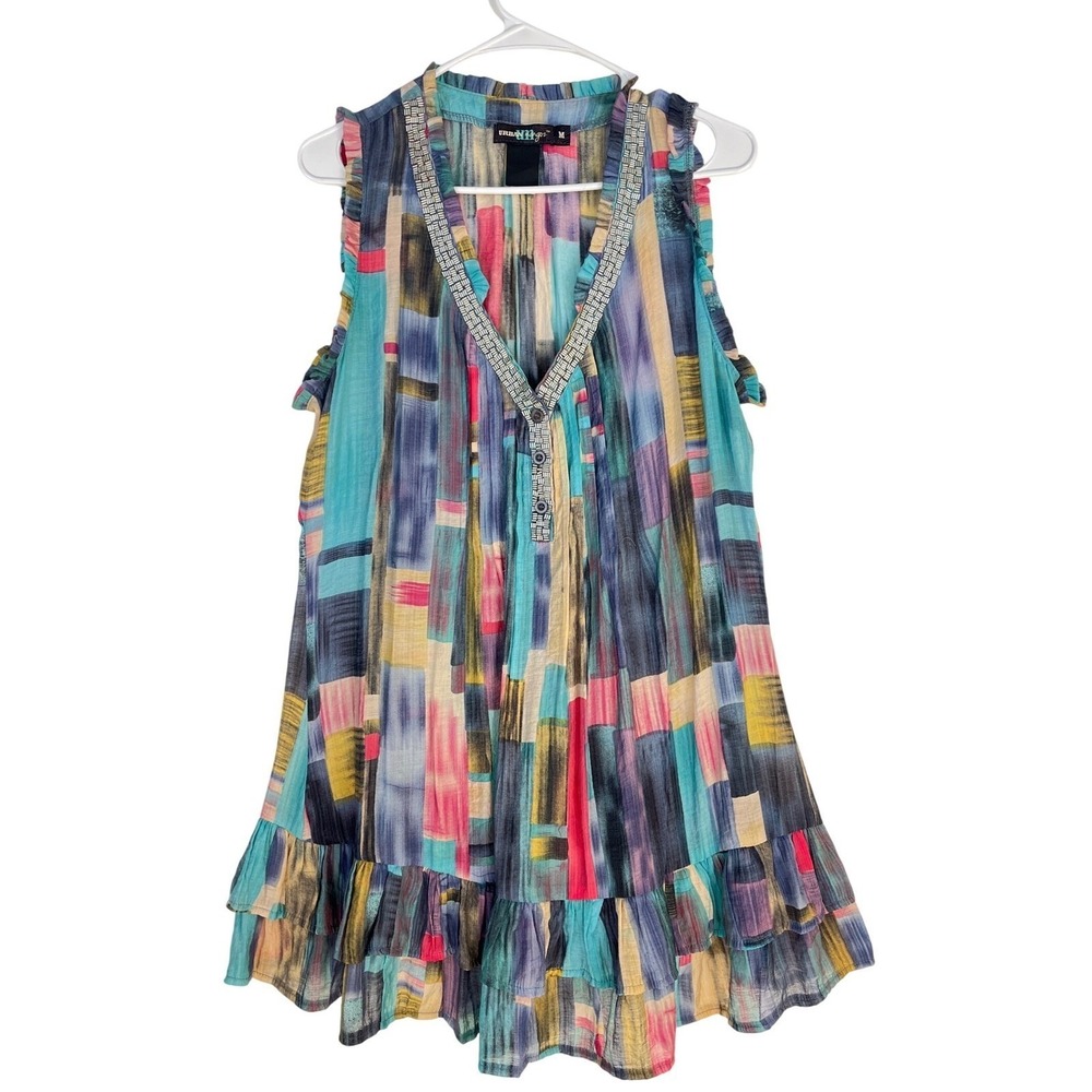 Urban Mango Womens Abstract Geometric Print Beaded V-Neck Ruffle Tunic Top M
